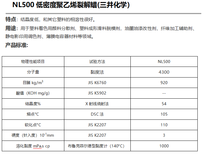 三井HI-WAX NL500低密度聚乙烯裂解蠟（ PE蠟NL500）