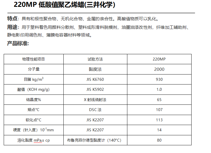 三井HI-WAX 220MP低酸值聚乙烯蠟（ PE蠟220MP ）